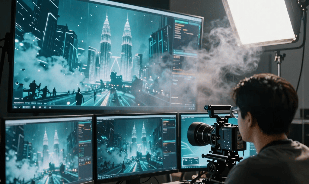 A cinematic behind-the-scenes film set in Kuala Lumpur, Malaysia. A director watches multiple large digital monitors displaying rendering sci-fi visual effects in deep teal and neon white. Volumetric mist, dramatic studio lighting, professional anamorphic cinematography.