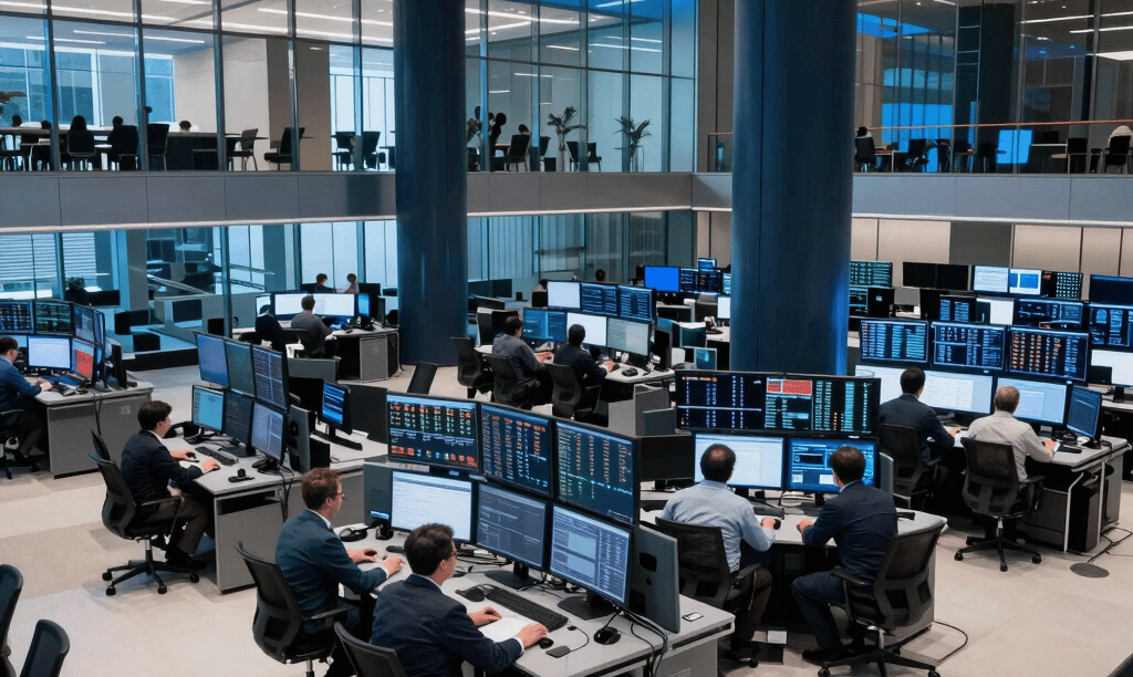 A wide editorial photograph capturing a high-tech financial news trading floor in New York City, North American / US. Glass-walled conference rooms illuminated with cool steel blue and bright ocean blue accent lights overlook a bustling workspace with analysts at multi-monitor desks reviewing market data. Modern architectural setting with deep dark navy structural pillars and off-white flooring. The overall aesthetic reflects a sleek, authoritative editorial design with a modern financial-tech atmosphere, tailored for artificial intelligence and market intelligence journalism.