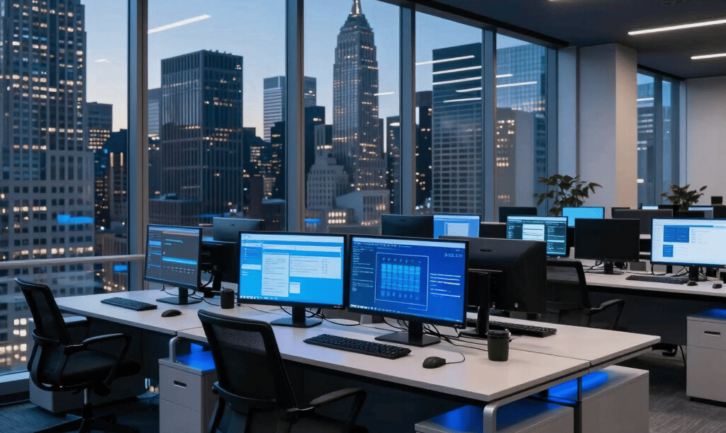 A modern digital media workstation in a New York financial district office, North American / US setting. High-ceiling office space with large glass windows reflecting a twilight city skyline. Dark navy ambient lighting combined with vibrant blue accent lights on executive desks. Clean, high-contrast digital editorial atmosphere with sharp focal depth.