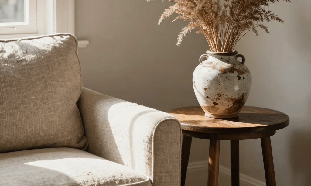 A sun-drenched cozy corner of a vintage-inspired living room in a North American home. A light beige linen armchair sits next to a dark wood side table with a vintage ceramic vase holding delicate dried grasses, evoking a warm, curated atmosphere.