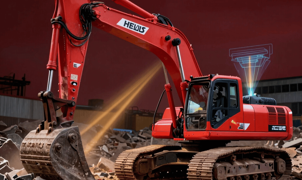 A commanding, high-impact photography of a demolition site in the United Kingdom, featuring a modern hydraulic excavator with high-tech 3D scanning digital overlays projected onto its metallic structure. Dramatic rich crimson lighting from the side casts deep charcoal shadows across crushed slate and concrete rubble. Sleek golden light beams highlight the dynamic motion, capturing a sense of powerful, heavy industry meets futuristic engineering. Photorealistic, shallow depth of field, premium corporate look.