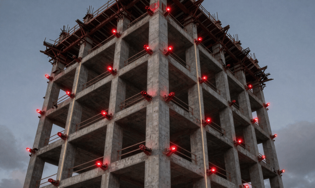 A dramatic, high-impact architectural photograph of a major demolition and development site in London, United Kingdom. Towering structural concrete beams and exposed steel frameworks rise against a dark slate grey twilight sky. Powerful cinematic spotlighting casts deep charcoal shadows, with glowing crimson red safety lights illuminating the edges of the machinery. Sleek gold accent lines from technical laser measuring guides cut through the atmosphere, giving the heavy industrial scene a cutting-edge, modern 3D design feel. The composition is highly dynamic, capturing the raw power and structured precision of modern construction.