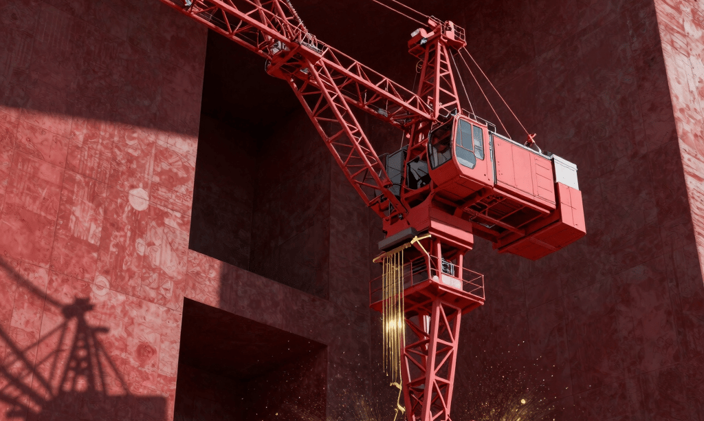 A dramatic 3D digital rendering of a powerful industrial crane slicing through a dark crimson concrete structure, sharp volumetric lighting, deep charcoal shadows, gold metallic dust floating in the air, high-end architectural visualization style, set in the United Kingdom.