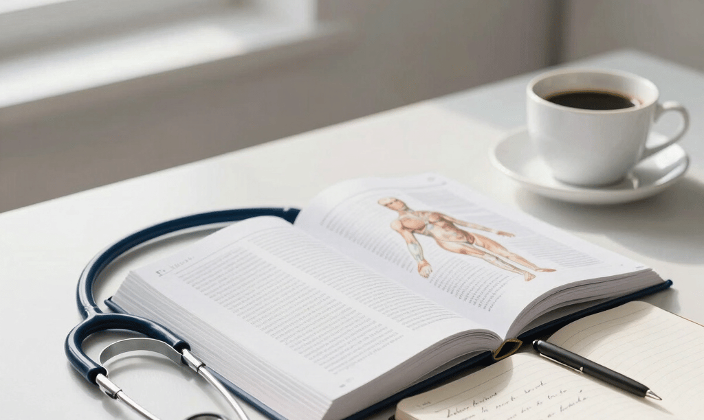 Elegant high-end editorial photography of an organized medical student study desk in France. A modern stethoscope lies beside a clean, open anatomical textbook, a stylish notebook with handwriting, and a cup of black coffee. Soft natural morning light coming through a tall window, creating gentle shadows. The color palette features soft whites, slate grey, and hints of deep sky blue. Academic, professional, and peaceful mood.