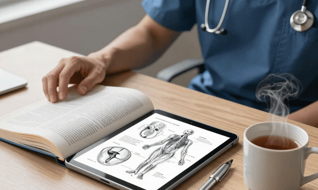 Clean, academic photograph of a modern medical student's study space in France. On a light oak desk, a classic textbook on human anatomy lies open next to a neat digital tablet displaying detailed medical diagrams, a sophisticated silver pen, and a ceramic mug with steaming tea. Soft, natural daylight from a large window illuminates the scene, casting gentle shadows. Minimalist, high-end editorial style with colors like soft slate blue, ivory, and deep navy.
