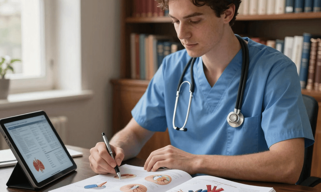 An elegant photography of a modern medical student study setup in Paris, France. On a dark wood desk sits an open anatomy textbook with detailed colored diagrams of the cardiovascular system, a sleek tablet showing medical charts, and a silver pen. In the soft-focus background, an organized bookshelf with medical volumes is lit by warm, ambient daylight filtering through a large window. The color palette features deep slate, soft sky blue, and clean white, creating a highly focused, premium academic atmosphere.