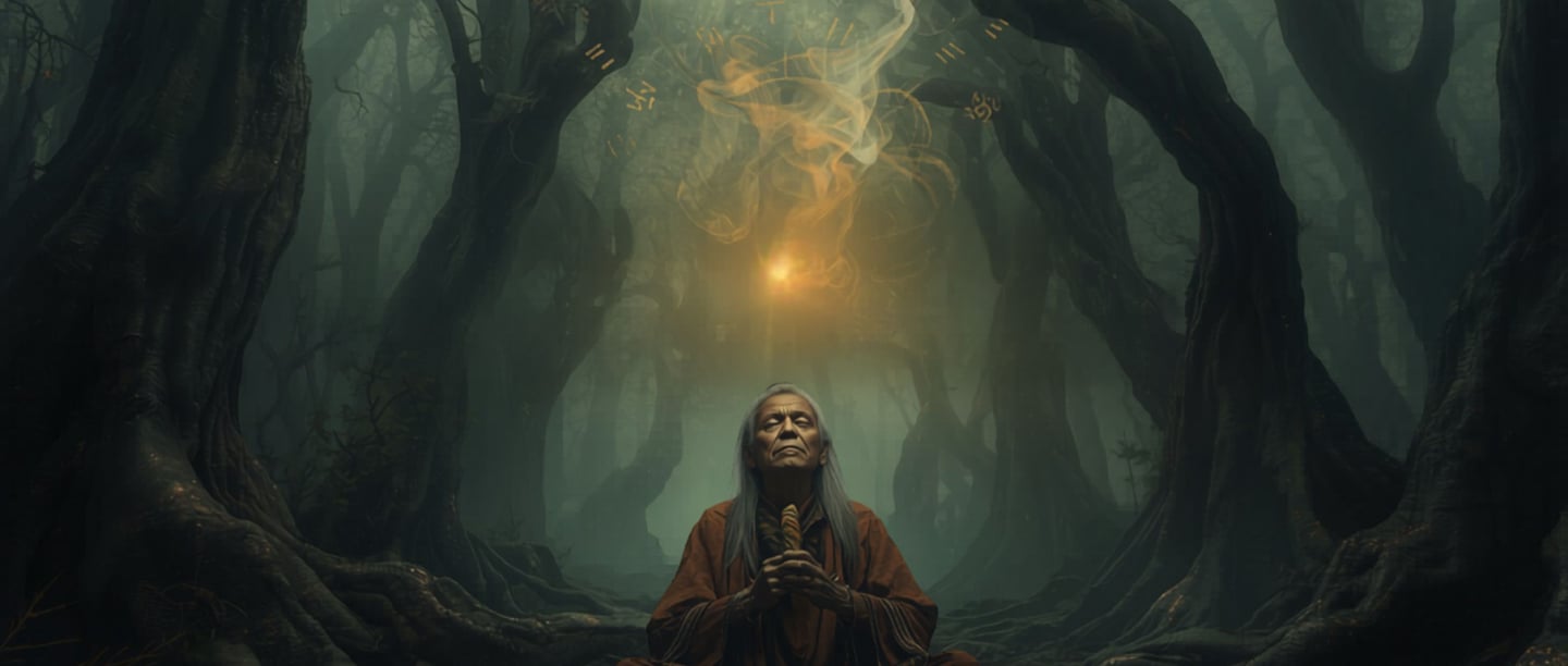 A mystical shaman meditating in the forest with runes and magic smoke.