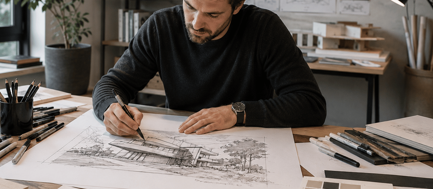 An architect sketches a modern house design at a wooden desk with architectural blueprints and tools.