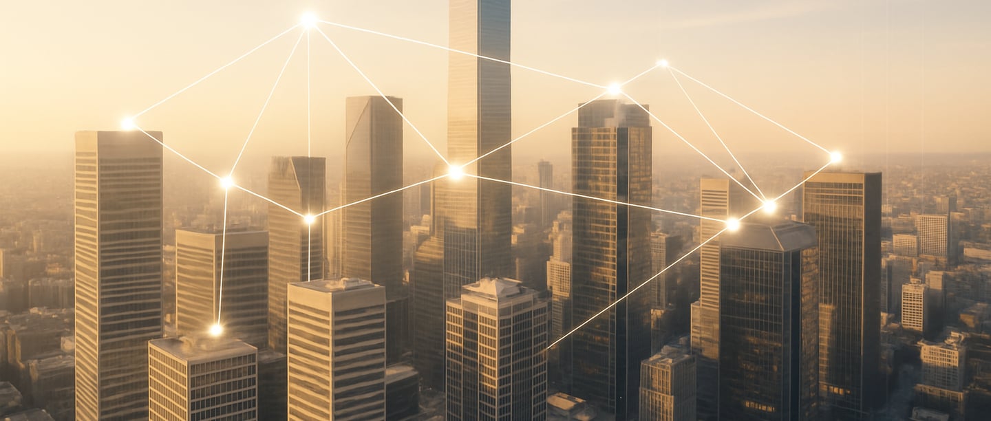 Bright cityscape with clear, glowing network lines showing connected digital ecosystems.