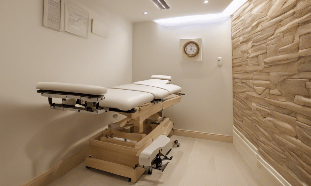 a massage room with a massage table and a painting