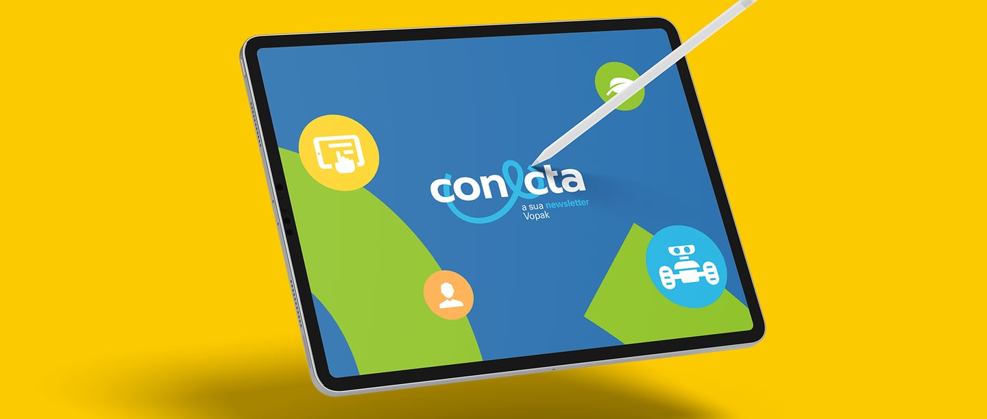 tablet with Conecta logo and visual identity on a yellow background