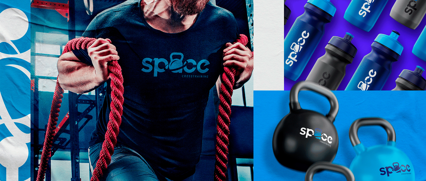 visual identity space crosstraining with squeeze, kettlebell and t-shirt of a man training