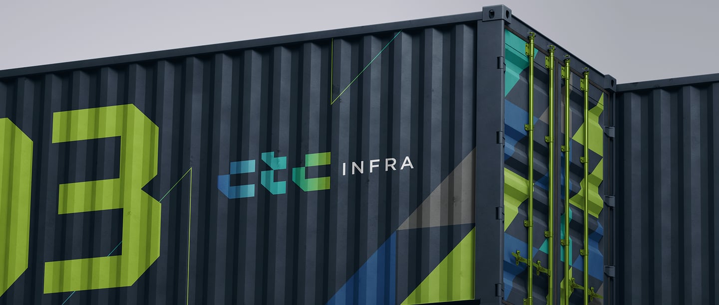 blue container with the application of the visual identity and CTC Infra logo