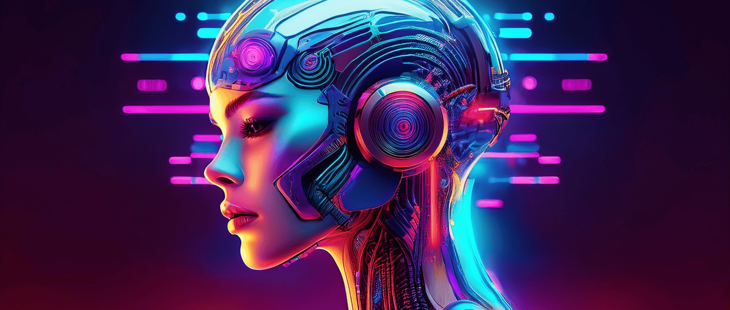 a woman with headphones and headphones on a colorful background