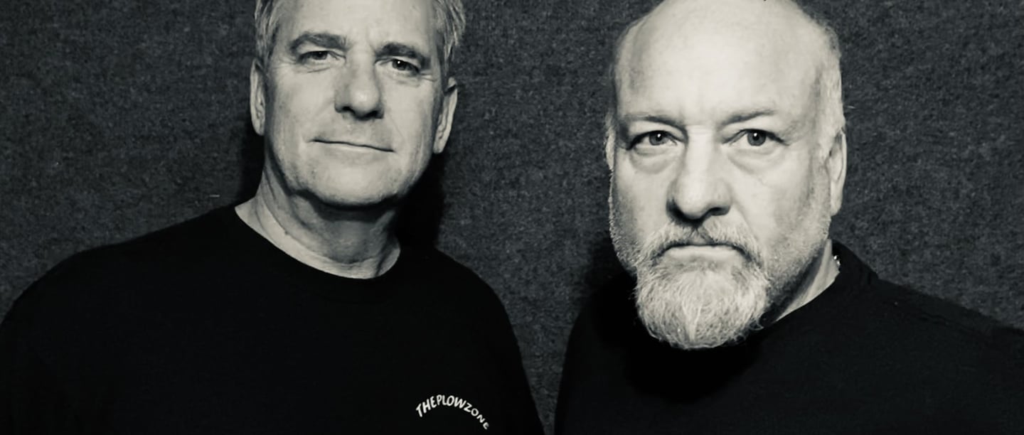 scott plowman & scott reece standing next to each other in a black and white photo plowzone