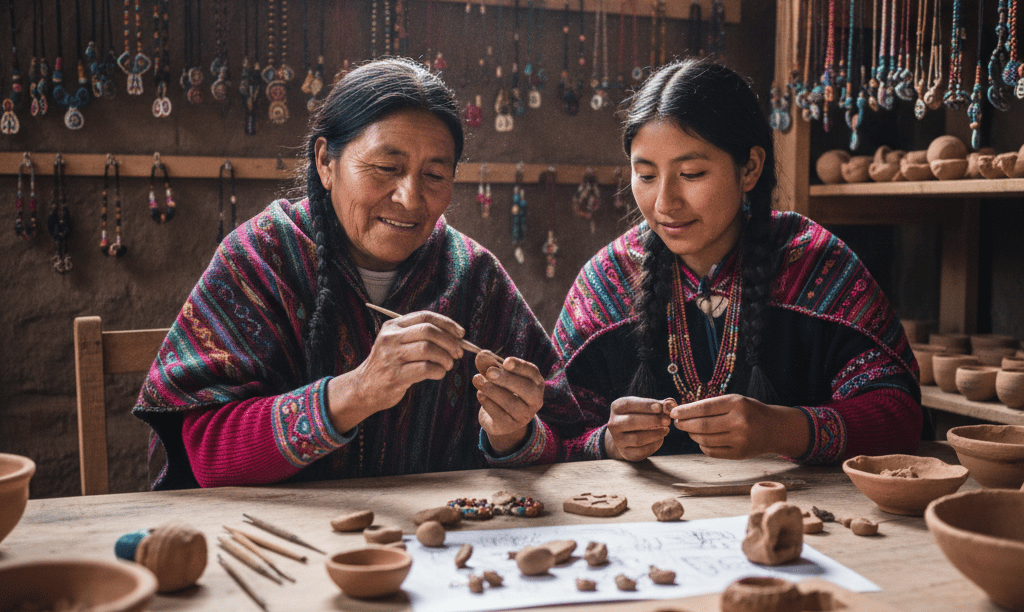 Mujeres indígenas andinas elaborando cerámica y joyería tradicionales a mano en un taller rústico.