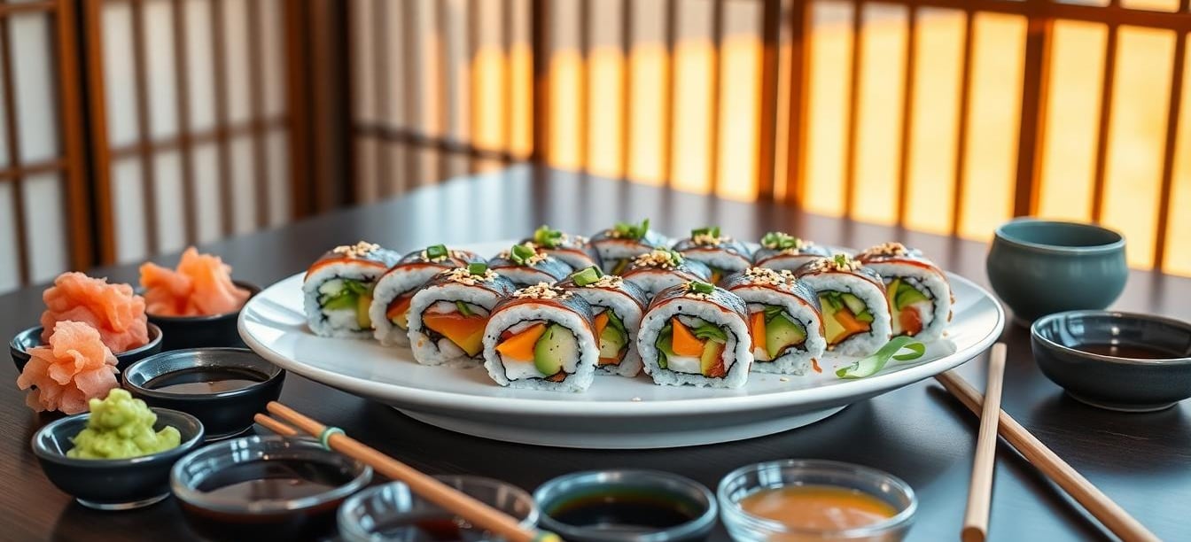 a plate of sushi rolls with chopsticks