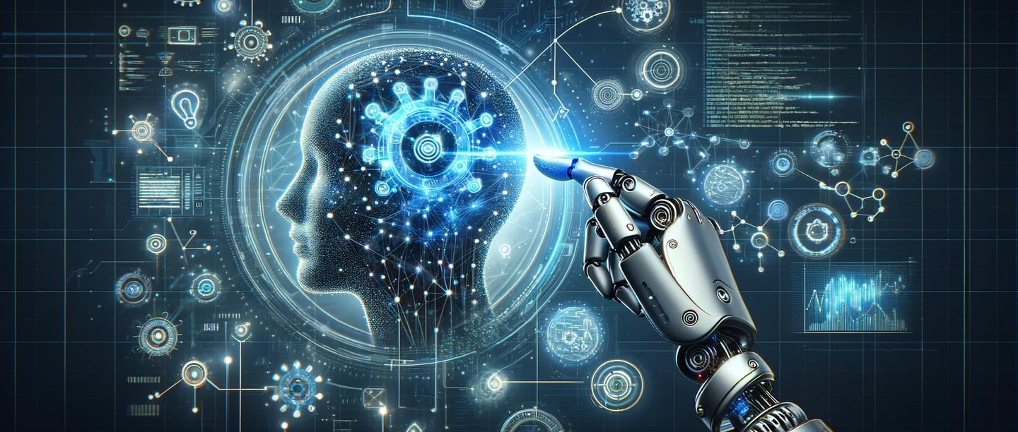 Futuristic AI and automation concept with a robotic arm touching a holographic interface displaying.