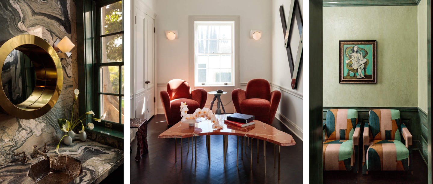 Kelly Wearstler design with marble vanity, red lounge chairs, and patterned armchairs.