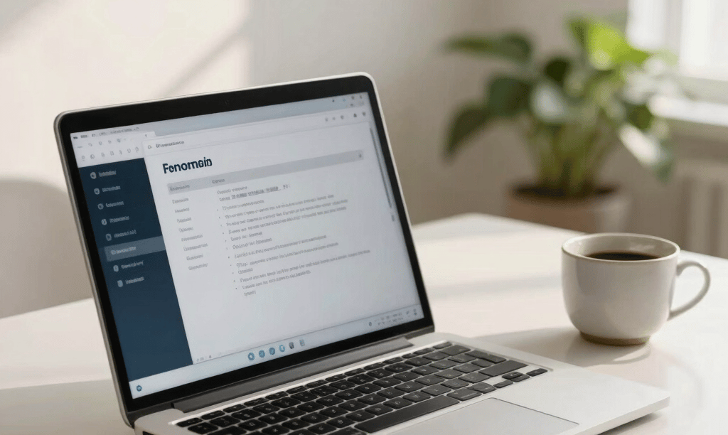 A high-quality, professional photograph of a modern, clean desk setup in Colombia. A sleek metal laptop is open, showing a clean interface, with a ceramic coffee cup and a green plant nearby. Warm, natural light fills the bright room, giving a welcoming and professional atmosphere of a remote home office. Style is clean, editorial, with soft blue and white accents, perfectly suited for a remote work hub.