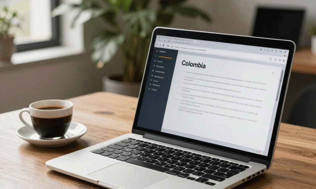 A professional and welcoming home office setup in Colombia, featuring a modern laptop open with a clean dashboard on screen, a cup of Colombian coffee on a wooden desk, warm natural light streaming through a window with lush green plants in the background, clean editorial photography, high-end, soft lighting.