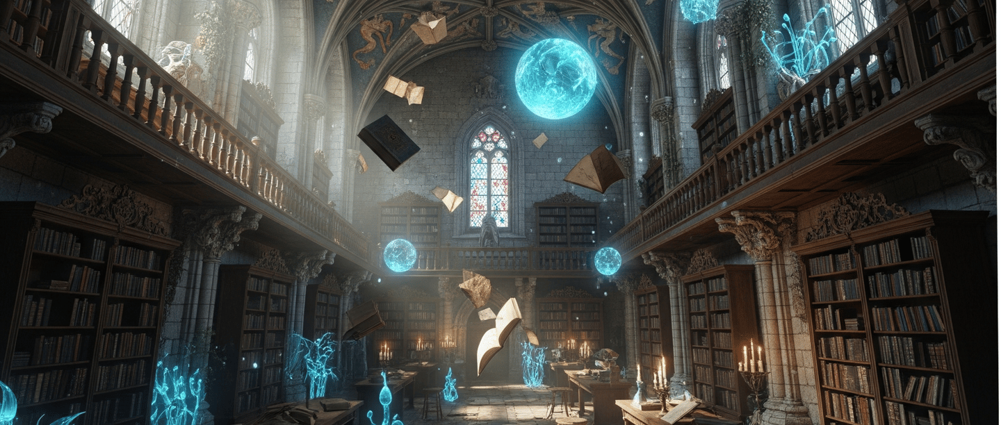 a surrealistic medieval library