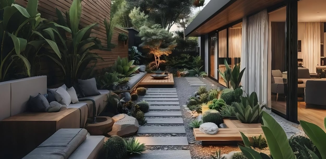 Modern outdoor patio landscape design featuring a zen garden with stone pavers, succulents, and lush tropical plants.