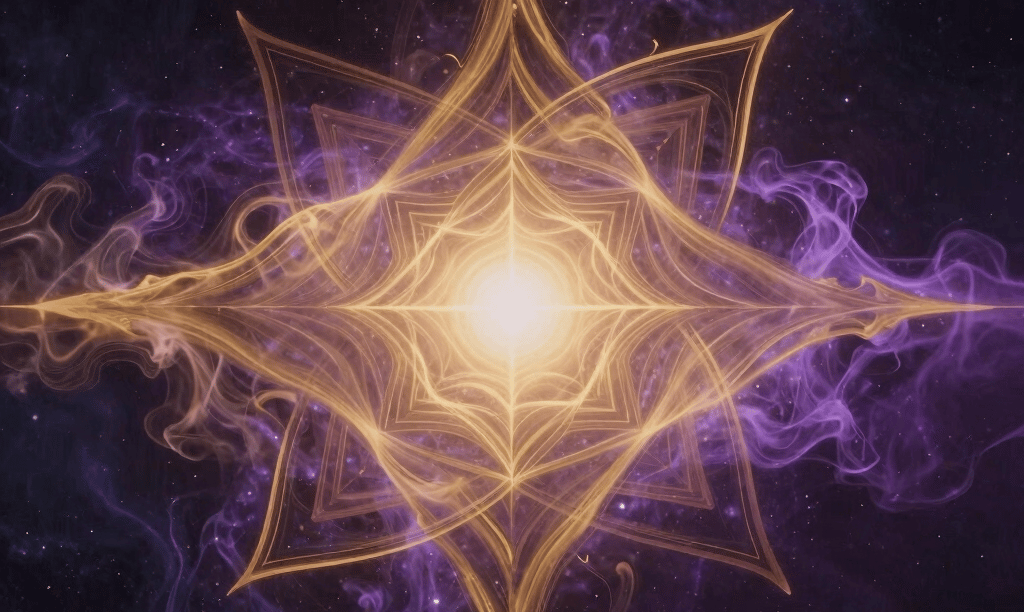 A magnificent, avant-garde digital representation of sacred sound waves fusing abstract cosmic geometry with fluid golden and purple smoke. Designed to evoke the dawn of spiritual awakening for a Global South Asian / Indian Spiritual Audience, set against a deep mystical space background.