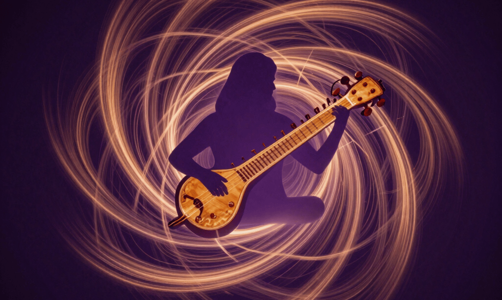 An abstract, long-exposure photograph of swirling light trails in deep violet and warm celestial amber, forming cosmic geometric patterns reminiscent of sacred mandalas. A subtle, modern silhouette of a classical Indian sitar or veena integrated into the energy waves. Sophisticated, meditative, and avant-garde atmosphere, evoking a sense of divine resonance. Designed for a Global South Asian / Indian Spiritual Audience.