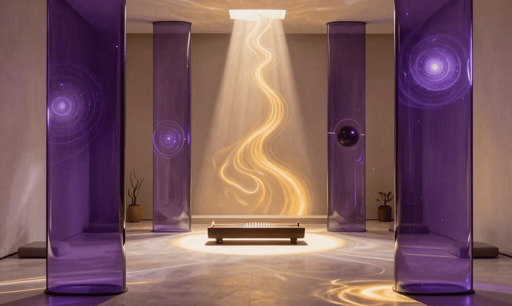 A wide-angle, atmospheric photograph of a minimalist, ultra-modern meditation room with abstract cosmic glass installations. Soft light beams in deep violet and amber illuminate a serene altar space with an acoustic instrument. Intricate reflections of fluid gold light create a celestial and meditative sanctuary atmosphere. High-end architectural photography, Global South Asian / Indian Spiritual Audience context.