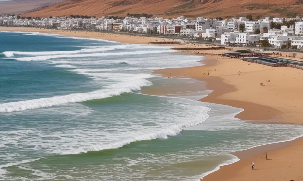 A warm, inviting street scene in Agadir with locals and tourists enjoying a sunny day.