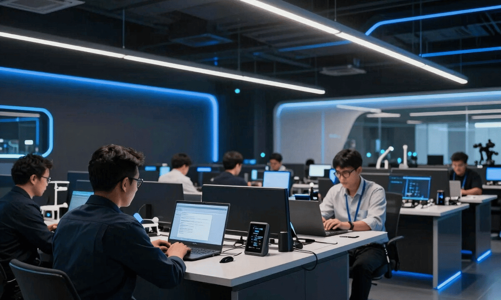 A sleek modern technological research center in Jakarta, Indonesia. Southeast Asian professionals work on laptops in a high-contrast environment with deep obsidian black surroundings, illuminated by ambient vibrant tech blue lighting and crisp white accent lights.
