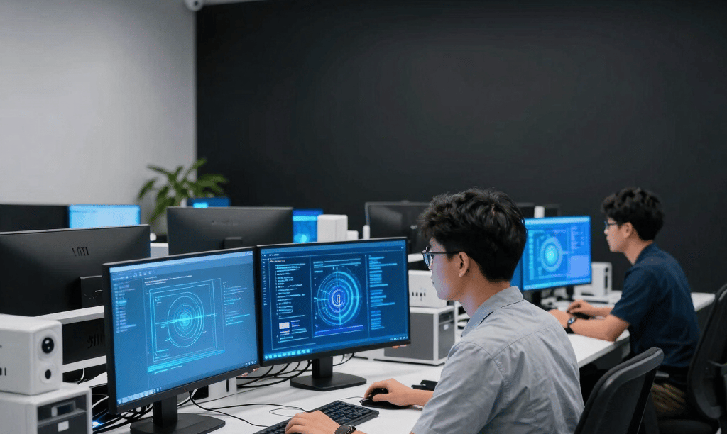 A professional photography shot of a modern artificial intelligence research lab in a high-rise office in Jakarta, Indonesia. A Southeast Asian / Indonesian software developer in smart casual attire works at a sleek desk setup with glowing monitors in vibrant tech blue against an obsidian black backdrop with subtle crisp white lighting.
