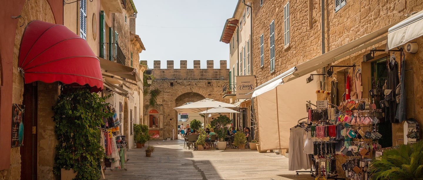 Shops on the street in Old town Alcudia Mallorca