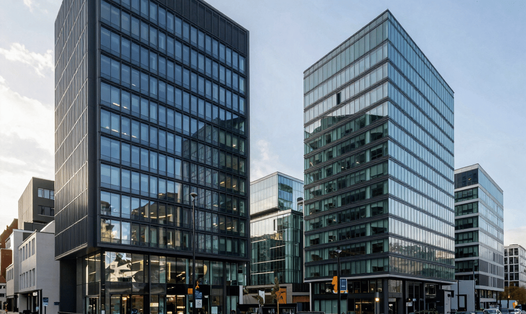 A wide-angle professional photograph of a modern commercial district in the United Kingdom, featuring sleek glass buildings, clean streets, and a professional atmosphere during a bright, sunny morning. The color palette features deep navy blue reflections and clean teal glass accents. High-quality corporate realism, highly detailed, soft natural lighting.