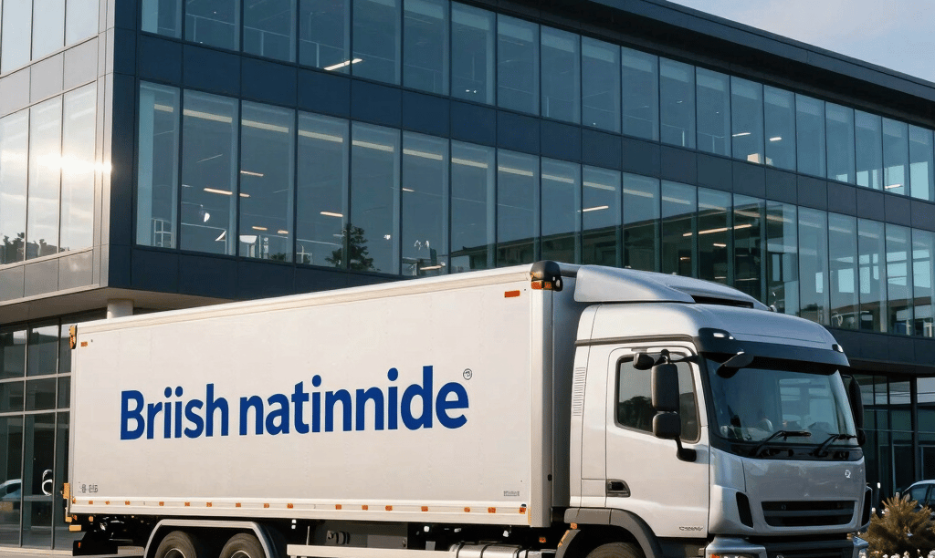 A professional and modern corporate logistics center in the United Kingdom / British Nationwide, with a high-end clean design. A silver transport truck is parked neatly near a contemporary glass office building. Bright morning sunlight reflects off the glass, highlighting deep navy and teal structural elements, conveying authority, efficiency, and compassionate service.