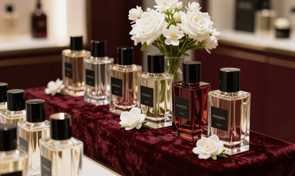 A luxurious and minimalist perfume bar setup in a chic Parisian boutique. Elegant glass bottles with black labels, white flowers like jasmine and roses, soft warm backlighting. The color palette features deep crimson, black velvet, and pure white. High-end lifestyle photography, France.