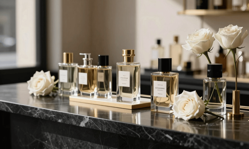 A high-end, editorial photograph of a minimalist luxury perfume bar setup at an exclusive Parisian venue. Elegant glass bottles with chic labels, white roses, and gold accents rest on a sleek black marble counter. Soft, dramatic side lighting casts long shadows, creating a sophisticated and clean aesthetic. Authentic France atmosphere.