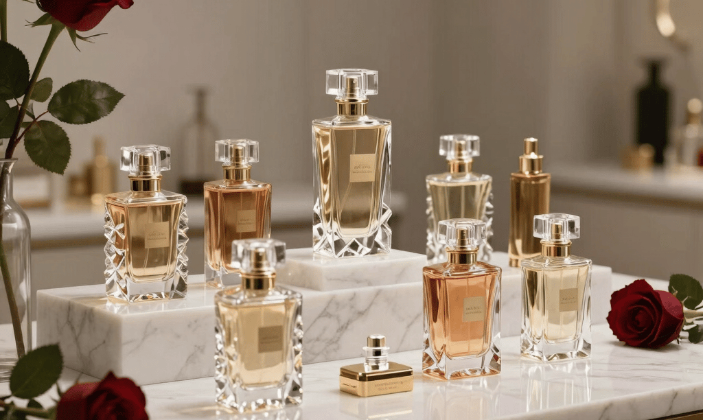 An elegant, luxurious perfume bar setup in France, surrounded by exquisite crystal bottles on a white marble counter, under dramatic soft lighting inspired by French haute parfumerie, with accents of dark red roses in a minimalist chic design.