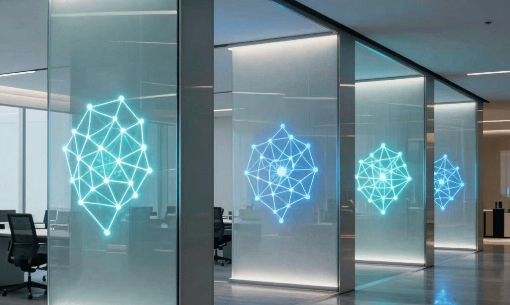A sleek, modern corporate office in a North American / Global tech hub, showcasing illuminated neural network graphics on clean glass partitions, with soft cyan and indigo light casting modern reflections, crisp professional photography style.