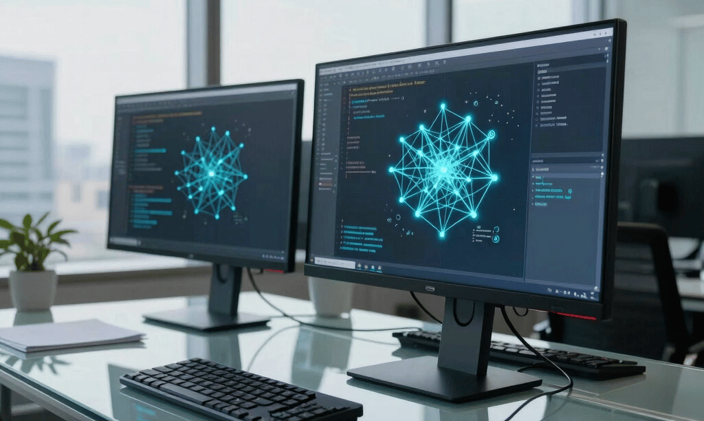 A high-end, modern workspace in a high-rise office in North American / Global, featuring sleek monitors displaying neural network diagrams and clean code. Soft cyan and indigo glow reflections on polished glass tables, morning natural light, professional and intellectual aesthetic.