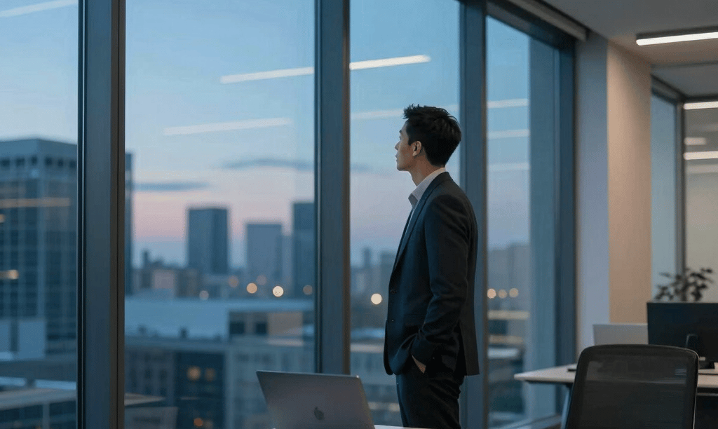 A high-end, intellectual photograph of a North American modern tech office at dusk. A business professional stands thoughtfully looking at a large glass window, with soft interior lighting highlighting a desk with a premium laptop. The atmosphere is clean, spacious, and visionary, with subtle design elements in deep blue, slate gray, and vivid cyan.