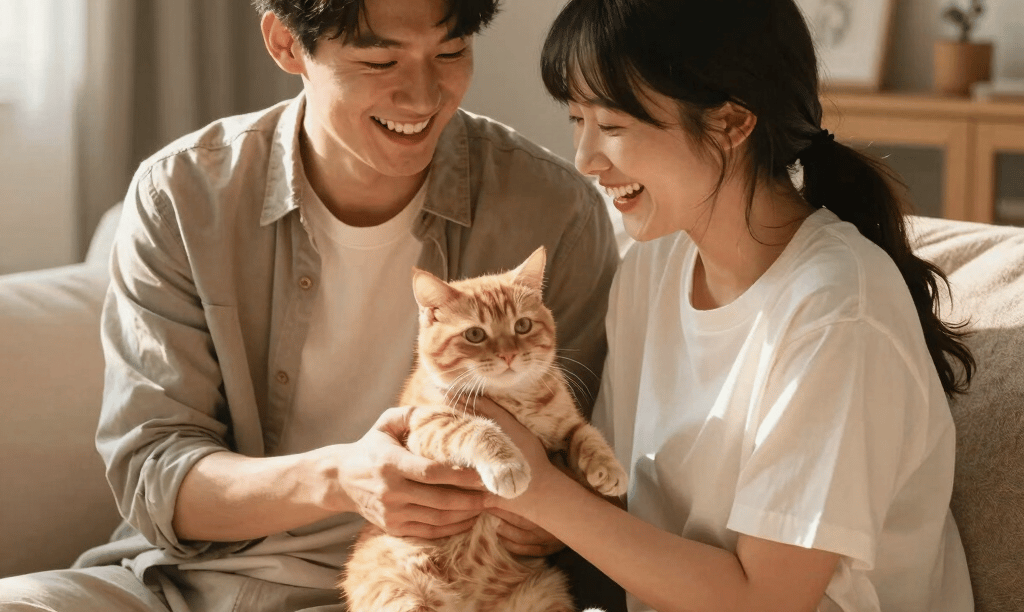 A heartfelt, warm candid photograph of a happy East Asian Chinese young couple sitting together on a soft couch in a cozy home, bathed in bright morning sunlight, surrounded by warm sand tone decorations. They are laughing happily together while holding a small cute orange kitten, capturing a natural and loving family moment, high-end lifestyle photography style.
