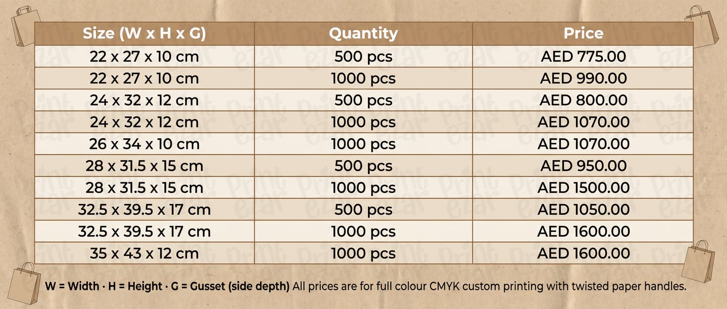 kraft paper bag printing sizes, quantity, and its prices. delivery free across UAE