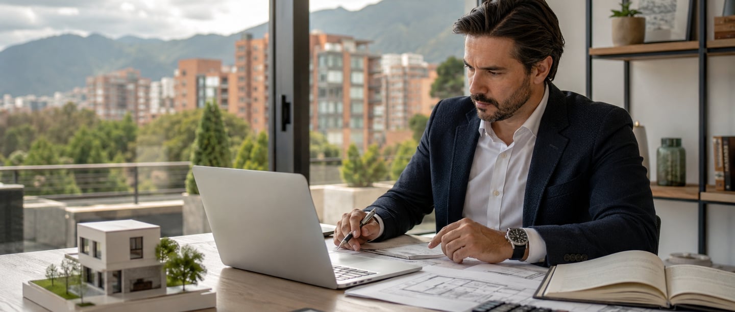 Profesional realizando un avalúo inmobiliario de una propiedad de alto valor en Colombia