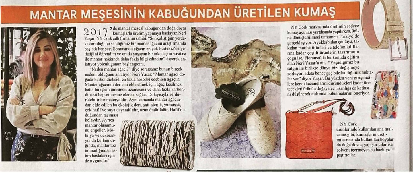 A Turkish newspaper Cumhuriyet article about Neri Yaşar and sustainable cork leather products.