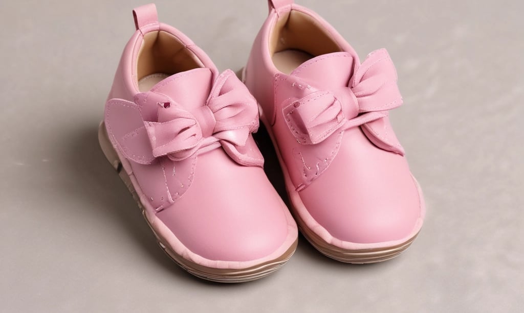 A pair of delicate pink baby shoes with lacy bows and pearl embellishments are placed on a soft surface next to a pink pacifier adorned with rhinestones. Behind them, a glass jar contains a bouquet of artificial roses in various colors, including deep red, pastel pink, and cream, with green leaves.
