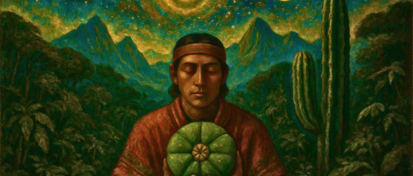indigenous shaman holding a San Pedro cactus under a celestial night sky.
