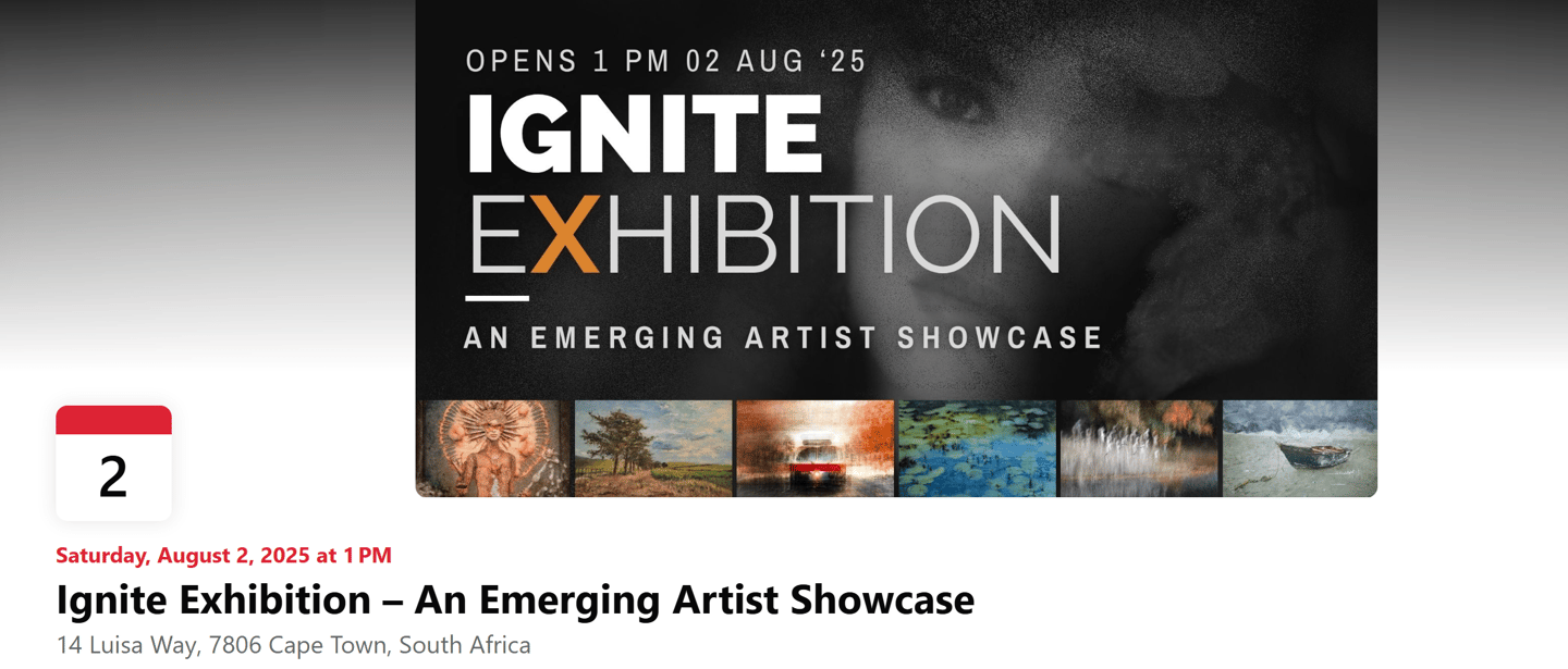 Facebook event banner for Ignite Exhibition with date, venue, and featured artworks