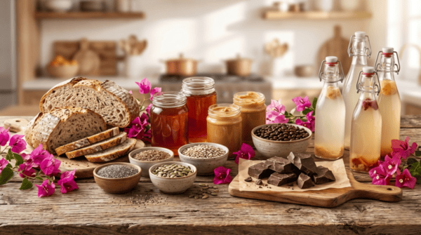 Mesa rústica con pan de masa madre, miel natural, semillas súperalimentos, chocolate artesanal y botellas de kombucha.